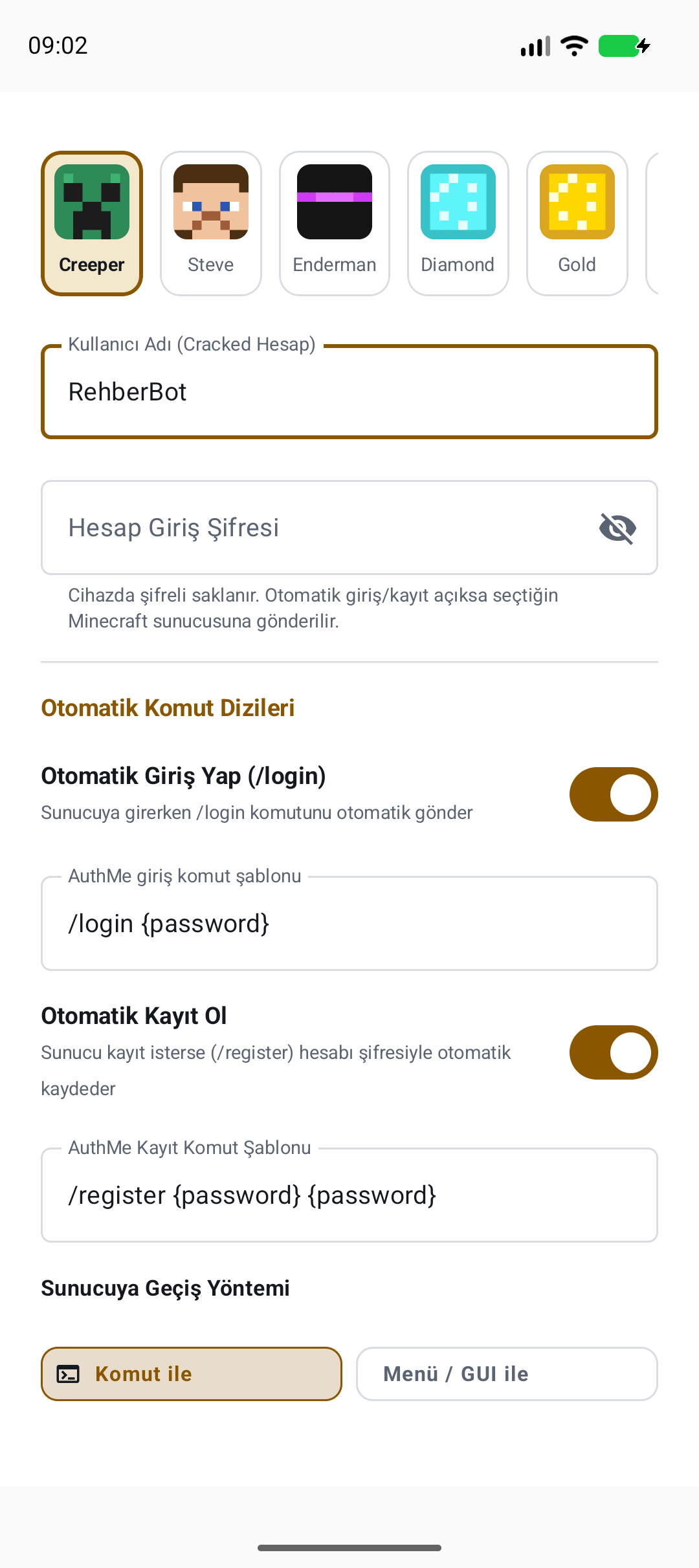 Otomatik /login ve /register — gerçek yerel örnek ekranı