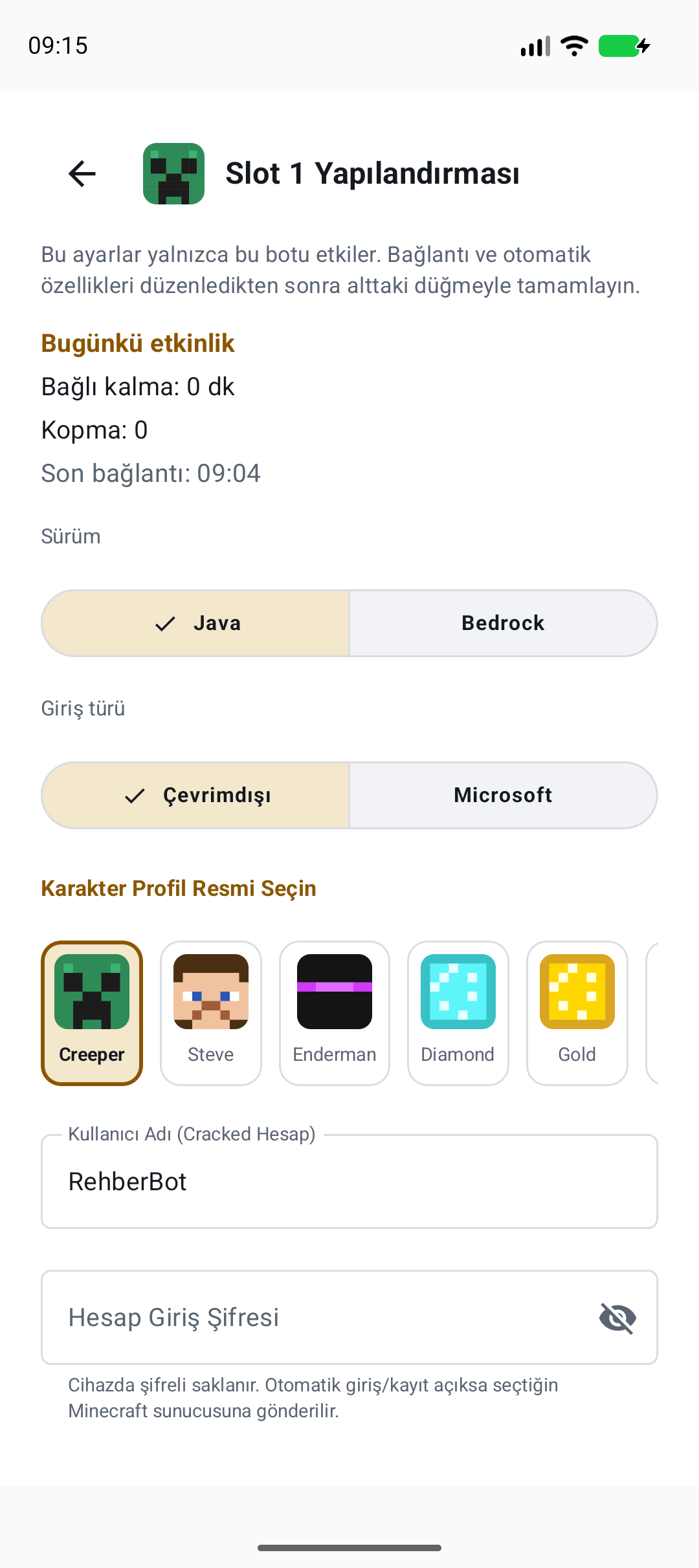 Hesap, sürüm ve avatar — gerçek yerel örnek ekranı