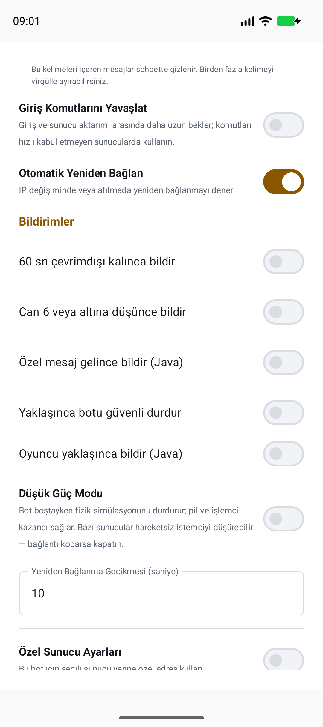 AFK modülleri ve özel bağlantı — gerçek örnek ayar ekranı