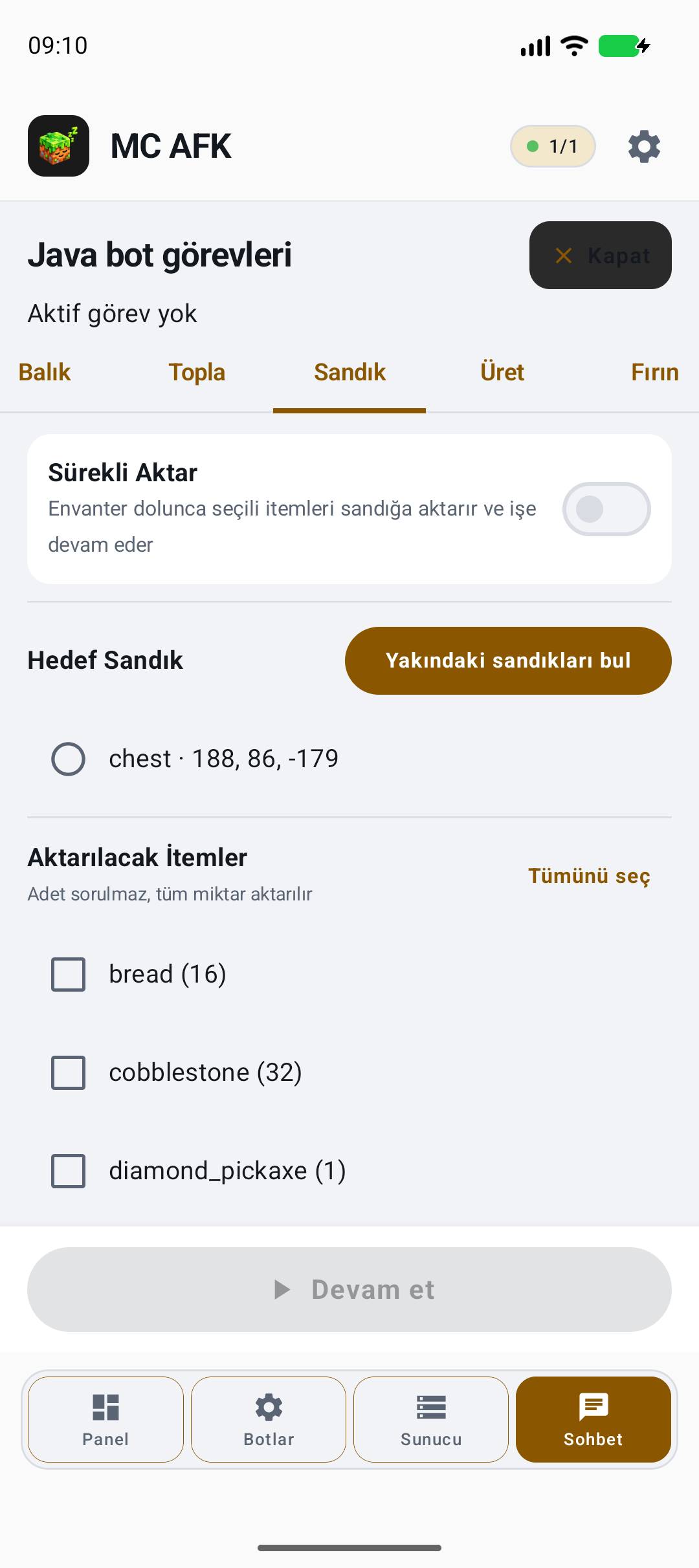 Sandığa boşaltma ve güvenlik — gerçek yerel örnek ekranı