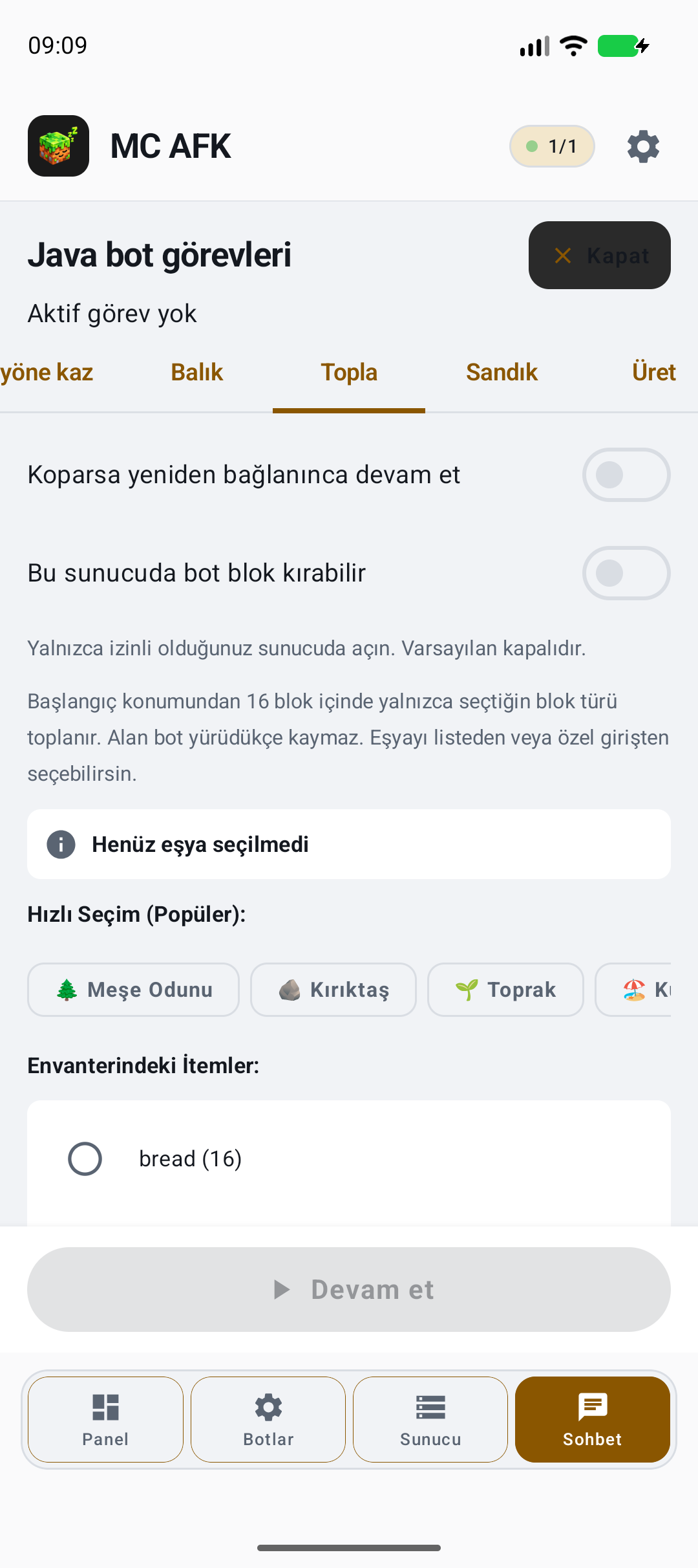 Seçili bloğu topla — gerçek örnek ayar ekranı