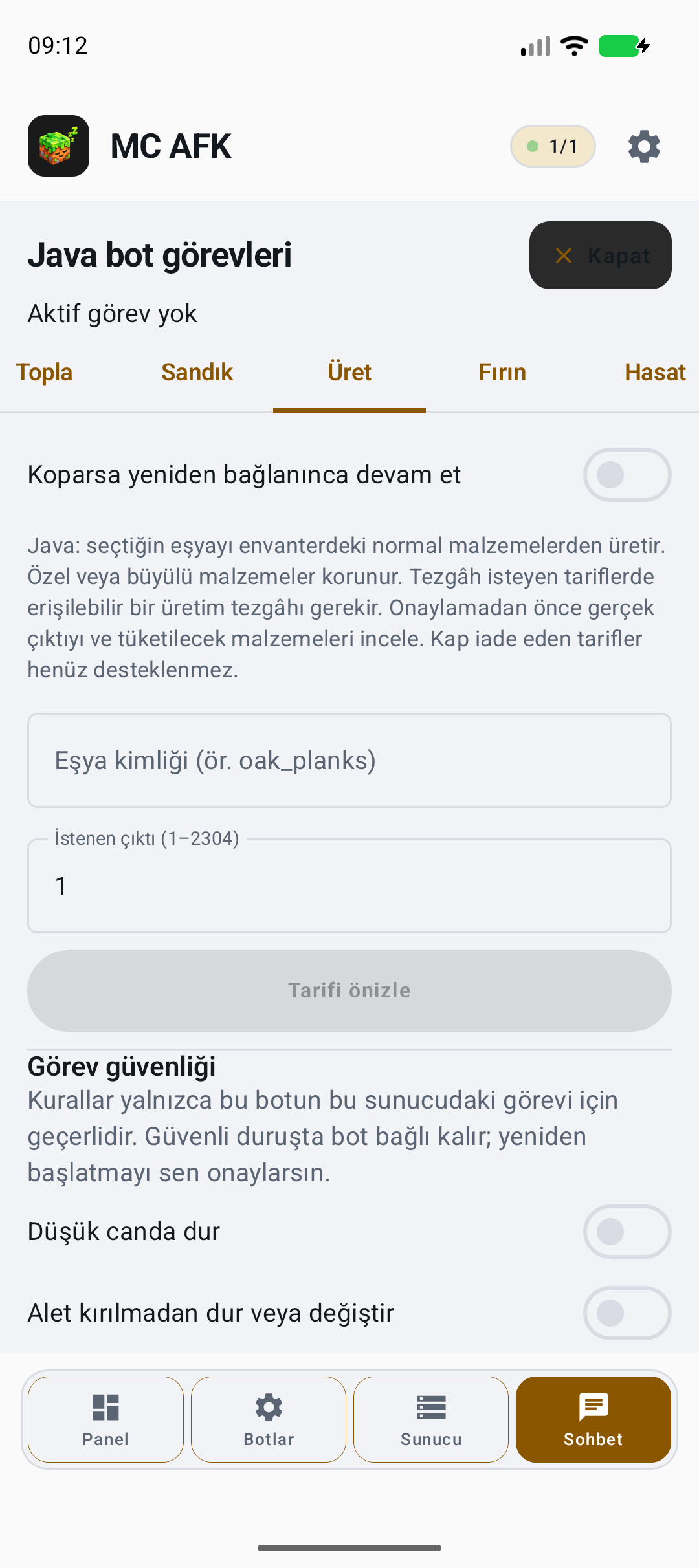 Üret, fırın, hasat ve köylü takası — gerçek yerel örnek ekranı