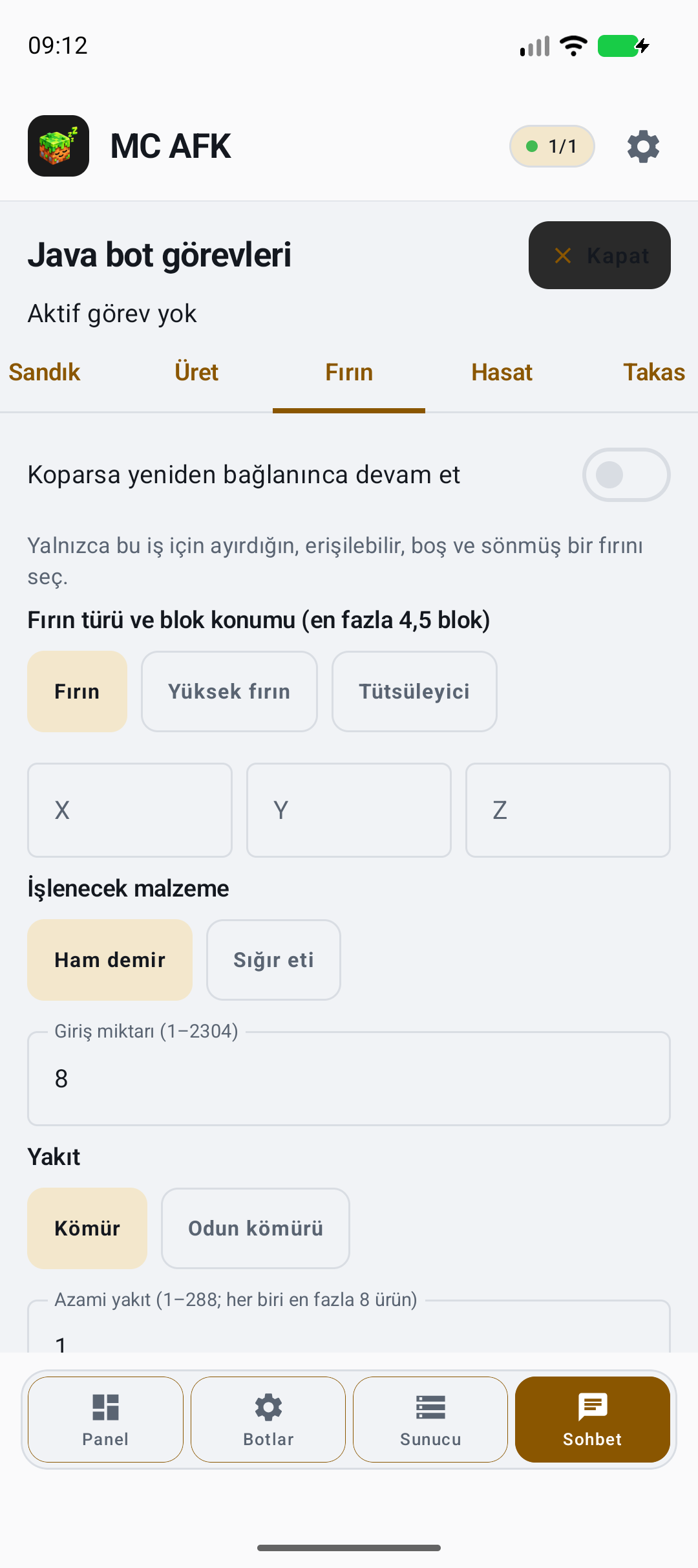 Fırın: hedef, giriş ve yakıt — gerçek örnek ayar ekranı