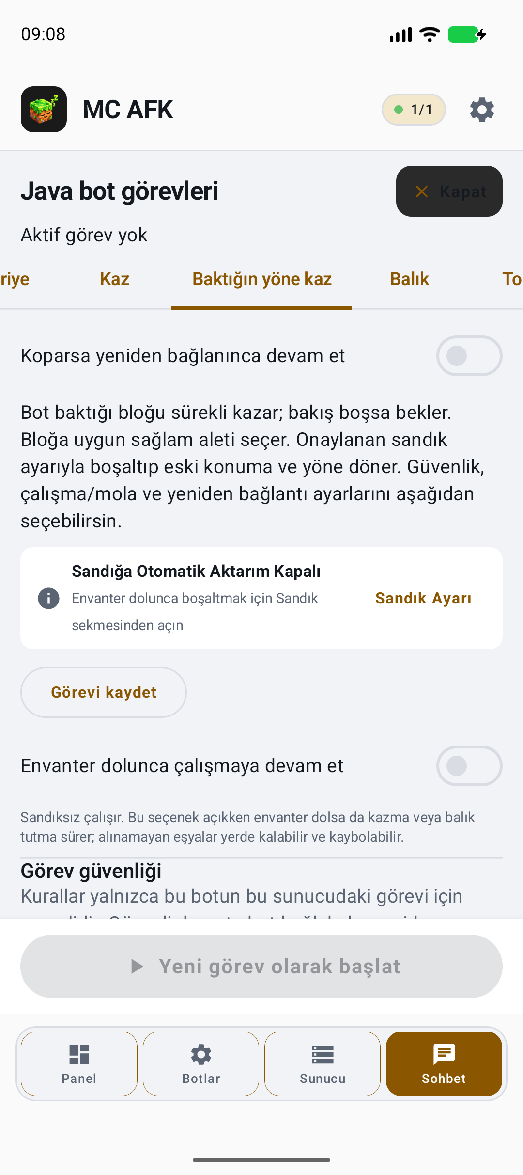 Java kazma görevi ekranı