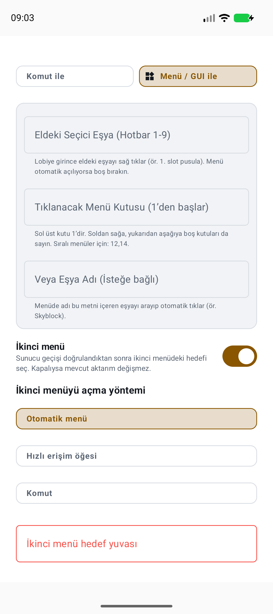 İkinci menü: isteğe bağlı sonraki adım — gerçek örnek ayar ekranı