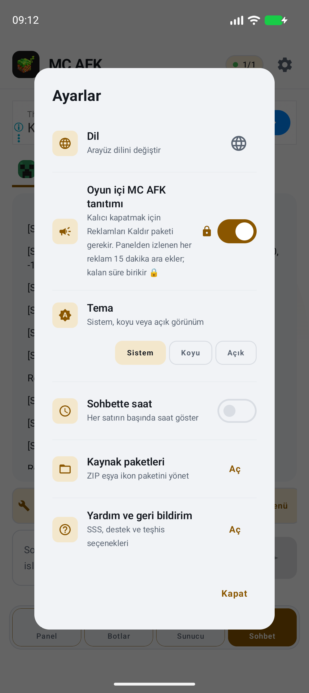 Ayarlar, dokular ve bildirimler — gerçek yerel örnek ekranı