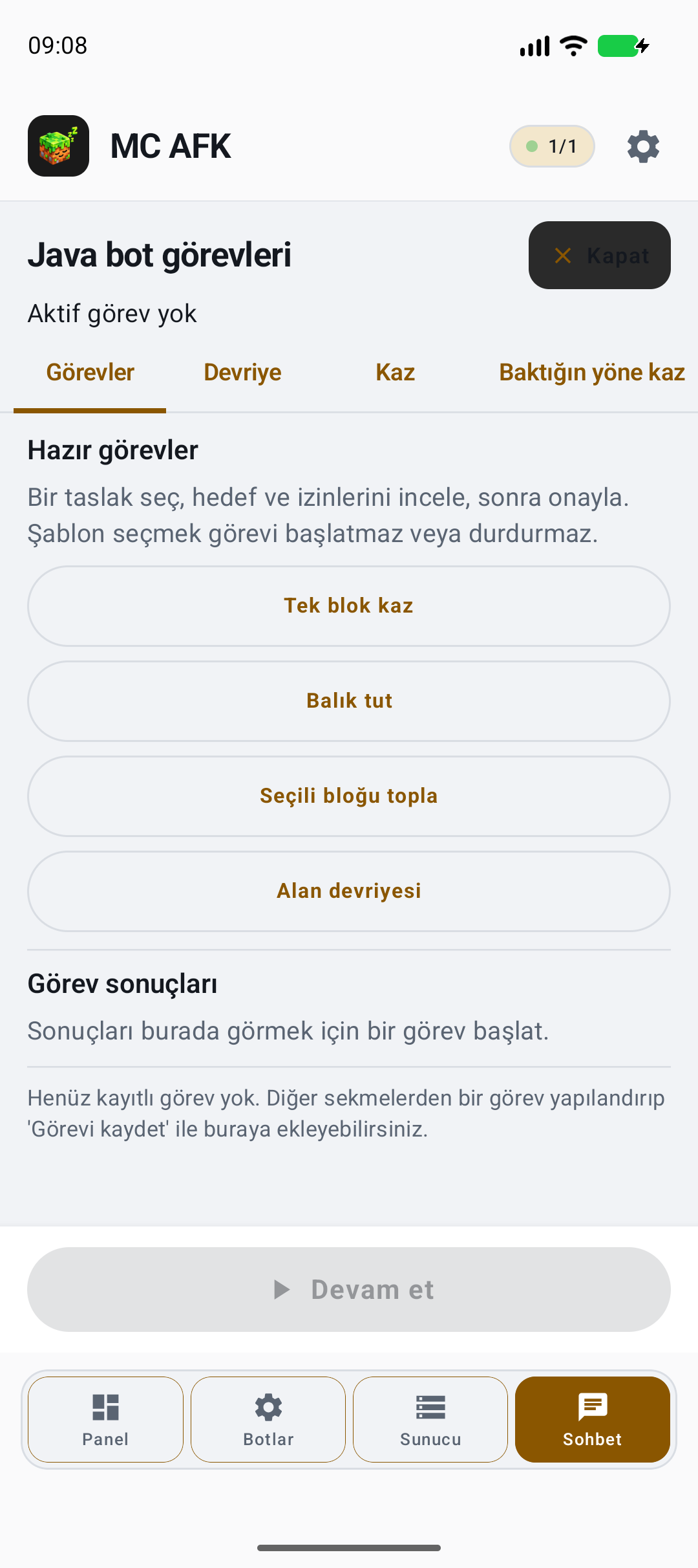 Görev seç, kaydet ve çalıştır — gerçek yerel örnek ekranı